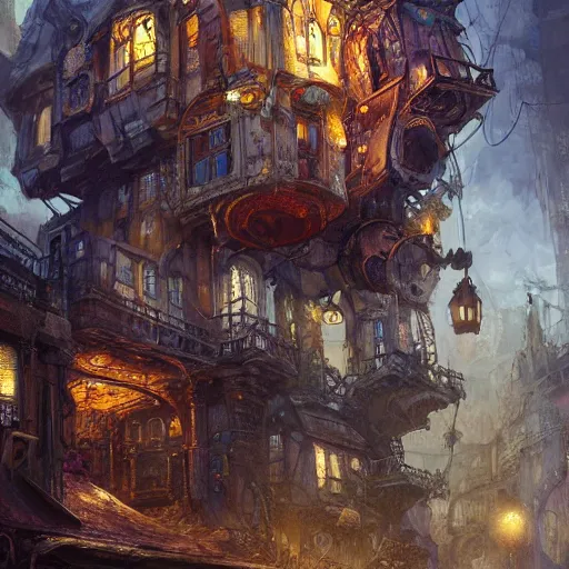 Prompt: Ultra-realistic illustration, high fantasy steampunk house built of junk, several floors hanging over each other, disorganized architecture, inherent details, impressionism sketch, complex, elegant, highly detailed, digital painting, artstation, concept art, smooth, clear focus, illustration, artgerman art,