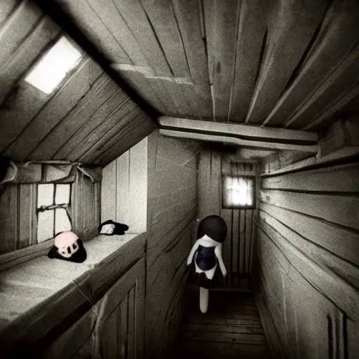 Prompt: dark attic with creepy dolls