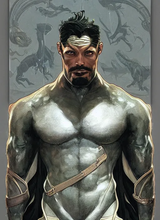 Image similar to a handsome man. he is dino man, wearing a dinosaur themed superhero costume. clean elegant painting, beautiful detailed face. by artgerm and greg rutkowski and alphonse mucha
