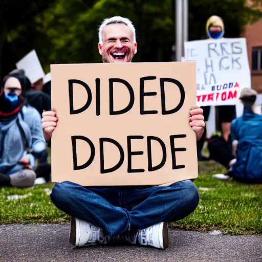 Image similar to photograph of smiling man holding a protest sign saying'xd ', high detail, 8 k resolution