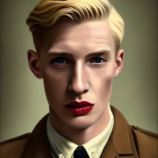 Image similar to A Hearts of Iron IV portrait of a blond young English male actor with high cheekbones. Good bone structure. Dressed in 1940s style. Highly detailed, fine Art, high detail, great lighting, 8k resolution, masterpiece, concept art, illustration, clear eyes, painting oil on canvas, octane render, HDR, trending on artstation, 4k, 8k, HD