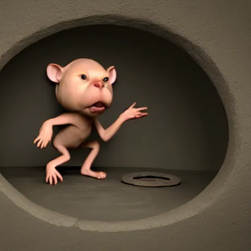 Image similar to a little homunculus man slipping his way into a little rat hole, vfx, hyper realistic