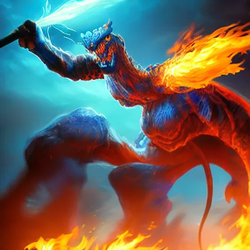 Prompt: a giant blue balrog with a fiery whip, cinematic, very detailed, artstation, cgsociety