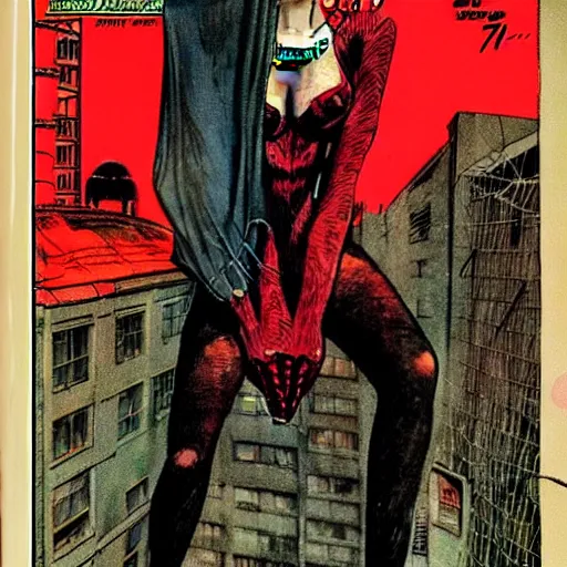 Prompt: portrait of a extremely frightened beautiful spider girl vintage comic book cover, by enki bilal, 1 9 6 8, dramatic, noir, creepy, surreal, weird, incredible, photo real 7 0 4