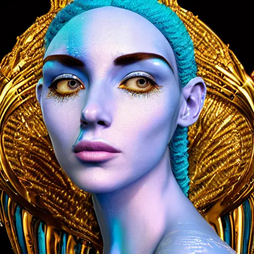 Image similar to unreal engine, octane render, 8 k, sandro botticelli portrait of egyptian sumerian goddess princess intergalactica, nautical siren, lady of elche, queen of heaven, techno mystic goddess, with aqua neon dreadlocks, teal eyebrows encrusted with diamonds, wearing iris van herpen haute couture, star - gate of futurisma,