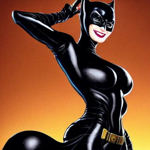 Prompt: High definition, high octane, award winning full body shot of Catwoman posing for the camera and carresing Batman, realistic.