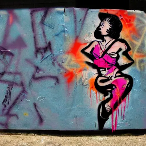 Prompt: abstract rough rugged graffiti art of an asian pinup woman design by bansky