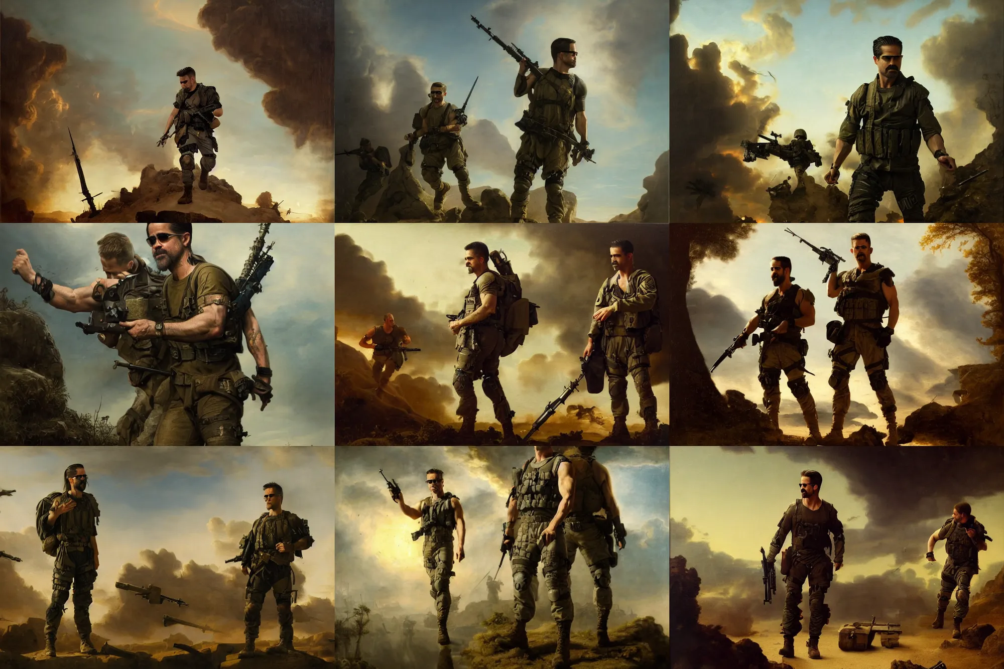 Prompt: colin farrell as a special operations member, in battle, covert military pants, military boots, greek mythology, oil reinassance painting by cornelis van poelenburgh and dosso dossi, ultra detailed, concept art, 8 k what