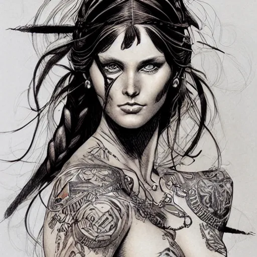 Image similar to a beautiful portrait of a heavily tattooed Roman woman Travis Charest style