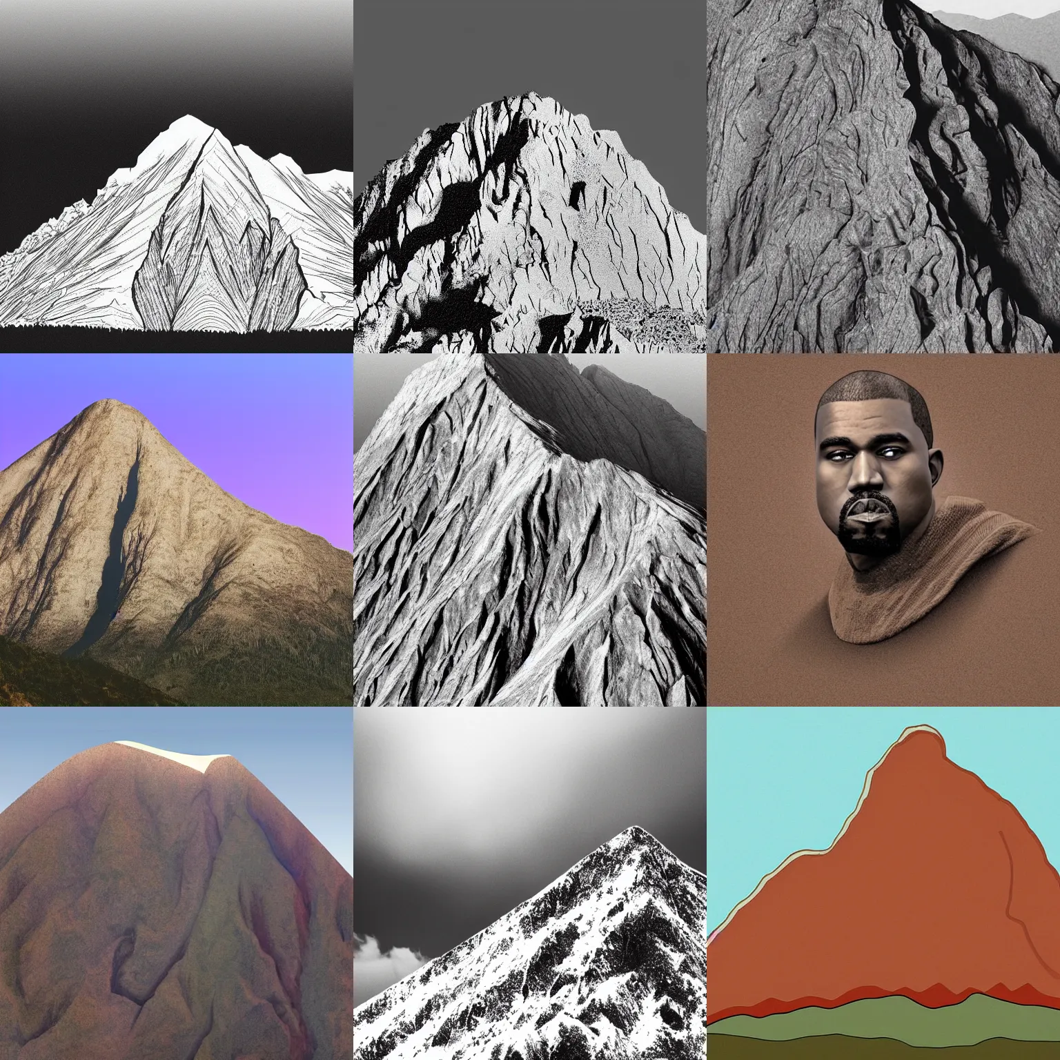 Prompt: Mountain shaped like Kanye West's head, landscape portrait igneous photograph