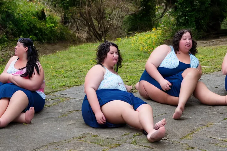 Image similar to some slightly overweight girls on a row resting, with their feet up, outside, 8k,