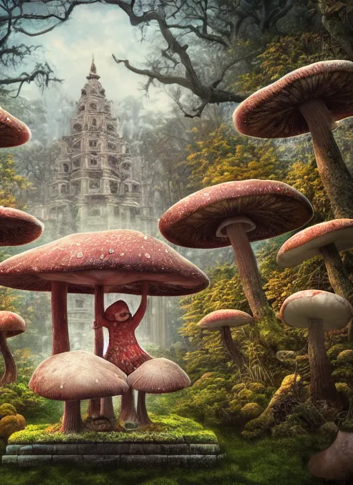 Prompt: wide - angle shot of mushroom temple, depth of field, zeiss lens, detailed, symmetrical, centered, fashion photoshoot, by nicoletta ceccoli, mark ryden, lostfish, earl nore, hyung tae, frank frazetta, breathtaking, 8 k resolution, extremely detailed, beautiful, establishing shot, artistic, hyperrealistic, octane render