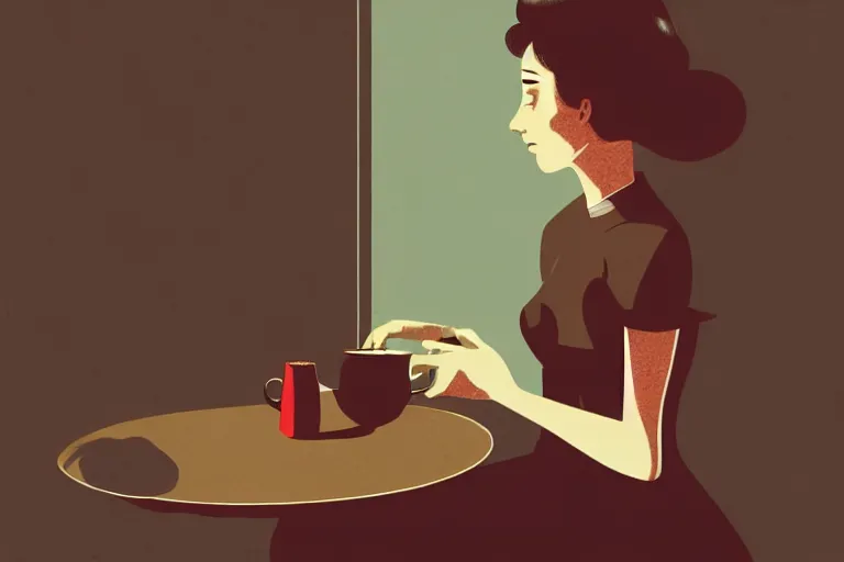 Prompt: editorial illustration by Karolis Strautniekas and Murata Range, portrait of a sad young woman drinking tea, colorful, fine texture,detailed, muted colors,film noir, dramatic lighting, dynamic composition,moody, vivid, matte print, wide angle,sunbeam