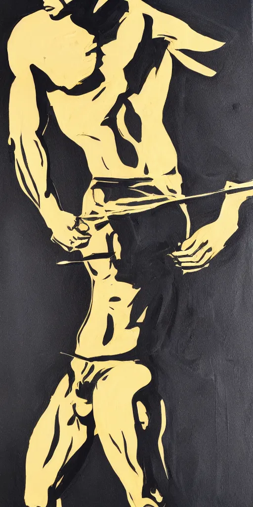 Image similar to thick long paint brush strokes, outline suggesting the physique of a thin athletic male doing pullup, matte paint colors, minimal painting, negative space, long flowing brush strokes