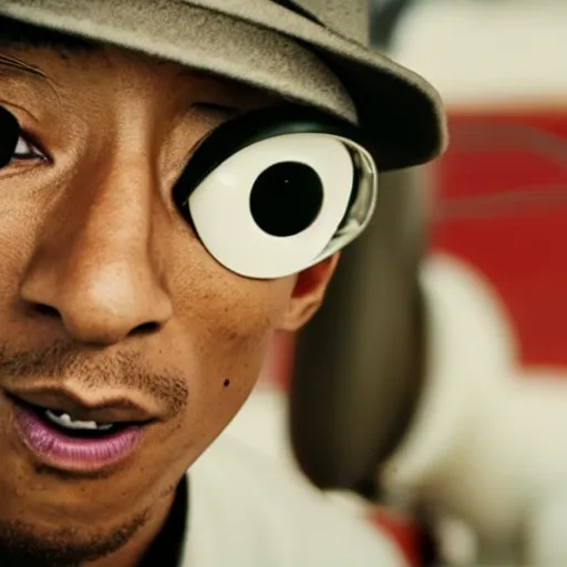 Image similar to cinematic film still of Pharrell Williams Making A Beat with an anthropomorphic alien, Japanese VFX, 2018, 400mm lens, f1.8, shallow depth of field,film photography