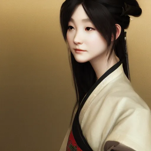 Prompt: a lovely girl in hanfu, by ruan jia, unreal engine, cg rendering, 8 k, closeup, smooth, trending on artstation, digital illustration, black hair