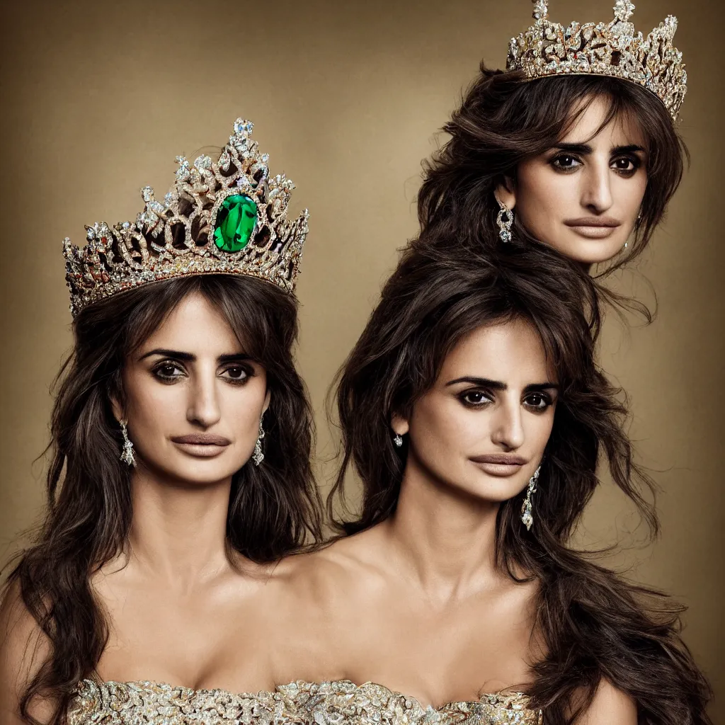 Image similar to penelope cruz as the princess of england, big crown adorned with emerald, diamonds, topaz, gold, ruby and other jewellaries, sensual, beautiful soft light failling on her face, zoomed out, studio photography, nikon 3 5 mm portrait photography, ultra realistic