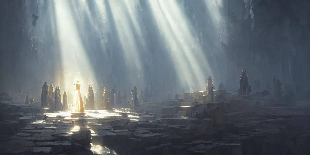 Image similar to gods basement, divine, shinig rays of light by greg rutkowski, trending on artstation