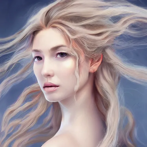 Prompt: A portrait of an attractive young female wind angel, beautiful long windy hair, wearing tumultus clouds, intricate, highly detailed, elegant, digital painting, trending on artstation