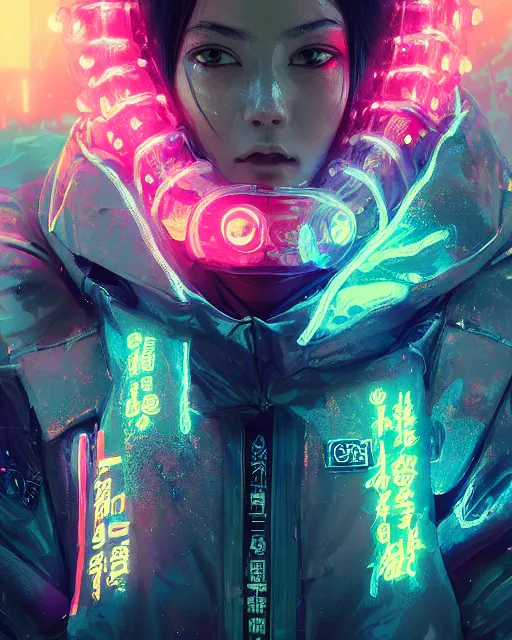 Image similar to detailed portrait beautiful Neon Operator Girl, cyberpunk futuristic neon, reflective puffy coat, decorated with traditional Japanese ornaments by Ismail inceoglu dragan bibin hans thoma greg rutkowski Alexandros Pyromallis Nekro Rene Maritte Illustrated, Perfect face, fine details, realistic shaded, fine-face, pretty face