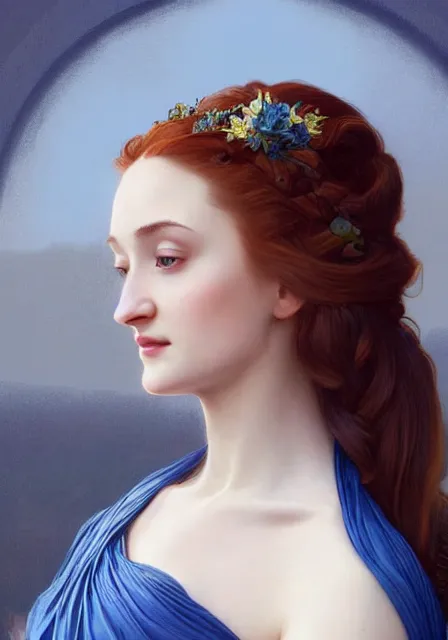 Image similar to sansa stark in blue dress with long hair, intricate, elegant, highly detailed, digital painting, artstation, concept art, smooth, sharp focus, illustration, art by artgerm and greg rutkowski and alphonse mucha and william - adolphe bouguereau