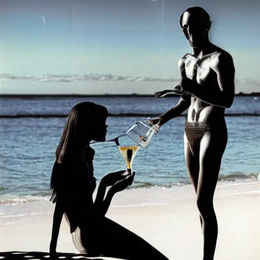 Prompt: photograph of an alien drinking martini on the beach, life magazine, 8 0 s