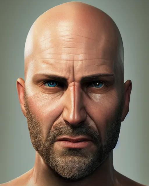 Image similar to portrait of a 4 0 - year - old bald man without nose, hyper realistic face, beautiful eyes, character art, art by mark brooks, hyperdetailed, cryengine, trending on artstation, digital art