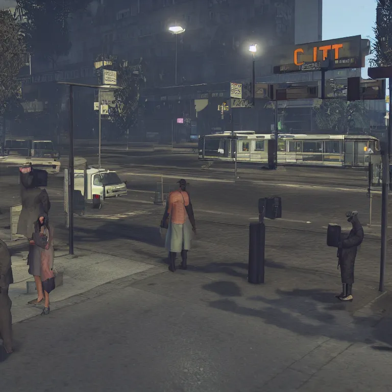 Image similar to some people waiting in a lone bus stop in qiet dark city, by GTA5 in game