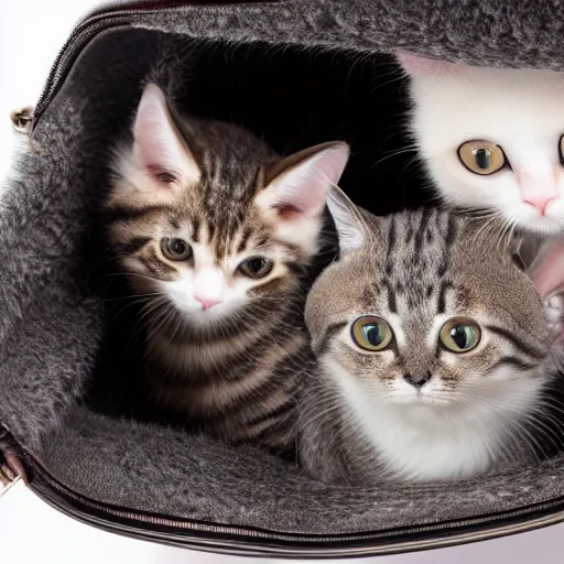 Prompt: a highly detailed photo of multiple furry cats inside a chanel bag, white background, studio lighting, 4 k, 8 k