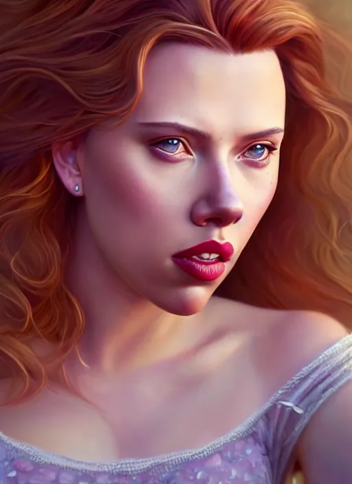 Image similar to scarlett johansson portrait as a disney princess, au naturel, hyper detailed, digital art, trending in artstation, cinematic lighting, studio quality, smooth render, unreal engine 5 rendered, octane rendered, art style by klimt and nixeu and ian sprigger and wlop and krenz cushart