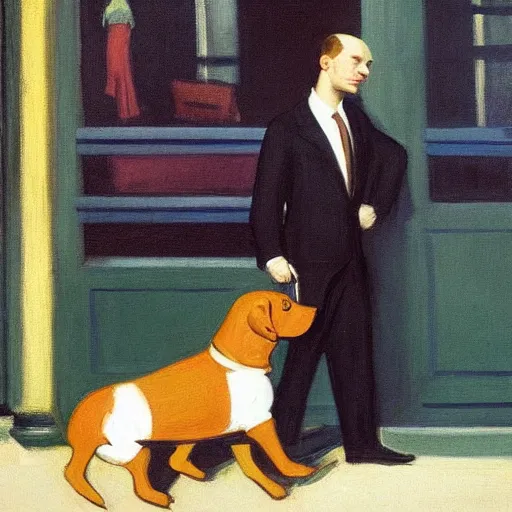 Prompt: dog wearing a suit and holding a brief case on his way to work by edward hopper