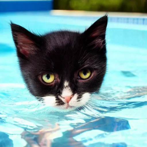 Image similar to ! dream black cute kitten, brown eyes, schwimming in a pool, adorable, 8 k