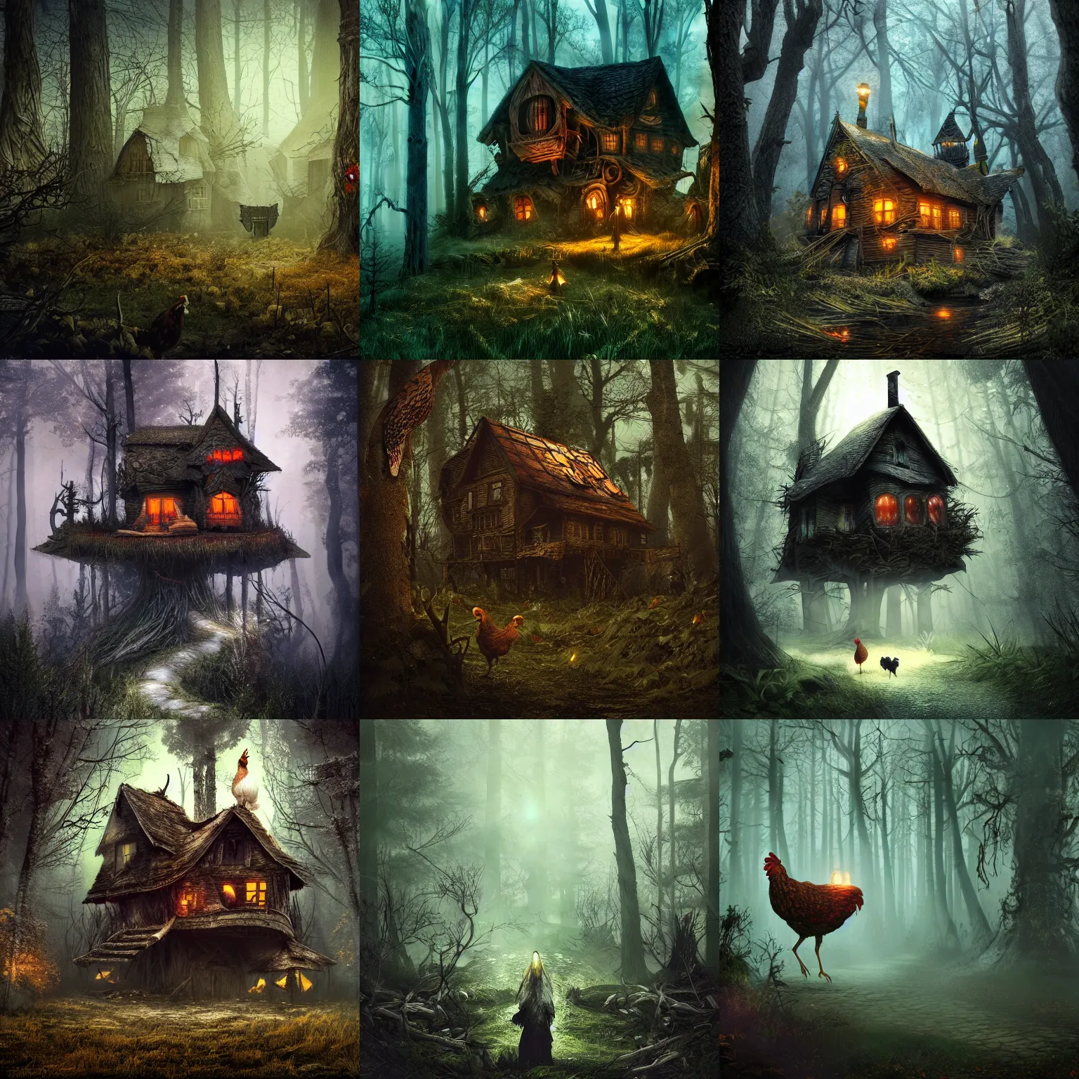 Prompt: The House of Baba Yaga with chicken legs in a dark forest, eyes glowing in the foilage, dramatic illumination, hyperrealistic unreal engine, digital art, artstation