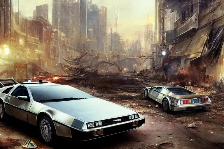 Image similar to photograph of the delorean, with a sleek spoiler, driving down the streets of a cyberpunk abandoned city, by greg rutkowski, by stanley artgerm, by alphonse mucha