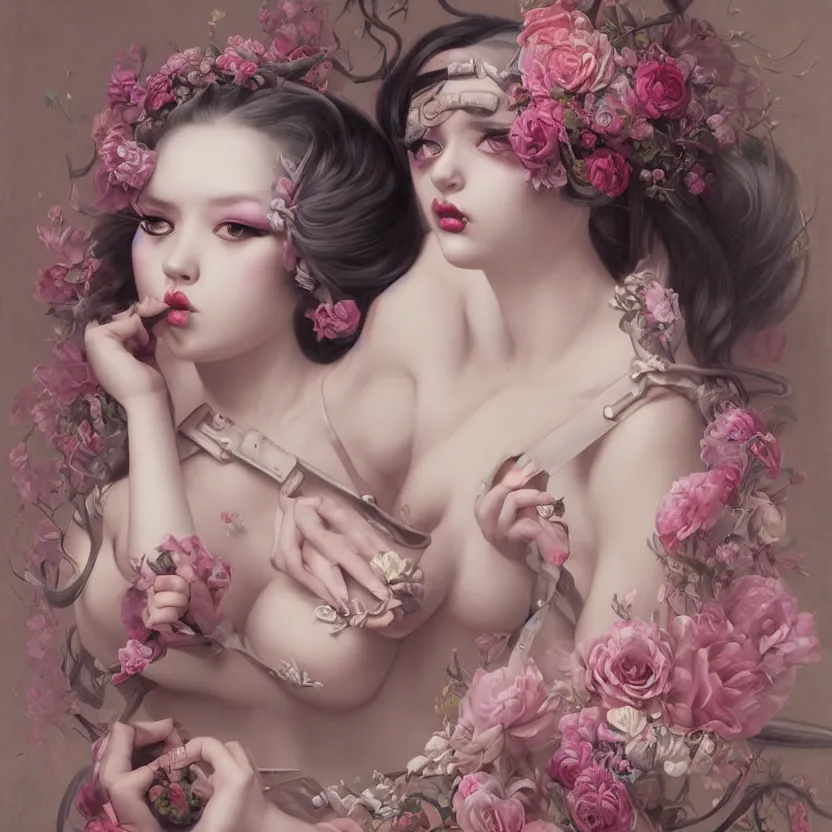 Image similar to pop surrealism, lowbrow art, realistic seductive cute woman painting, pink body harness, long hair, japanese shibari with flowers, hyper realism, muted colours, rococo, natalie shau, loreta lux, tom bagshaw, mark ryden, trevor brown style,