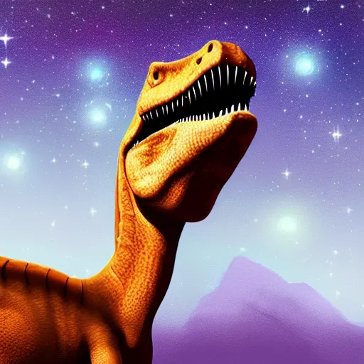 Image similar to a hyper realistic digital painting of a dinosaur in an space