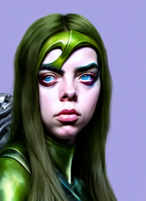 Prompt: Billie Eilish as Female Loki, beautiful facial symmetry, olive skin, hyper realistic, hyper detail, very detailed, digital art, trending on artstation, smooth render, 8k octane render, digital illustration, by Katsuhiro Otomo and Shigeru Miyamoto and Ian Sprigger