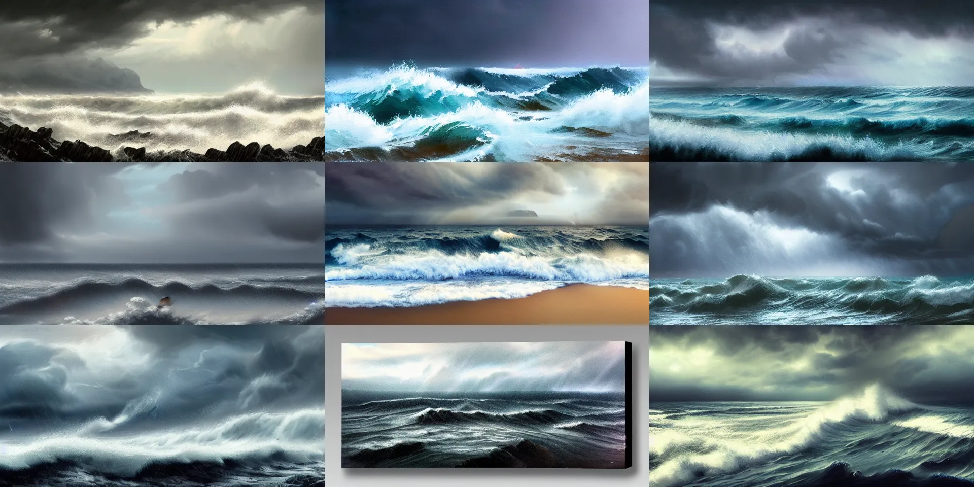 Prompt: stormy coast, ocean, dark clouds, waves, rain, fantasy art, landscape, artstation