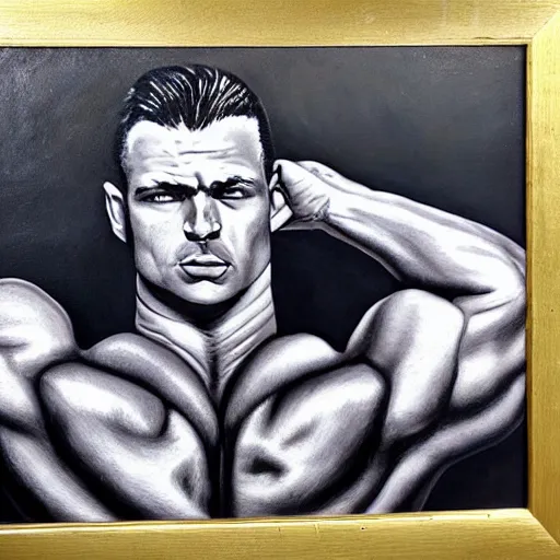 Prompt: a painting of a muscular man posed for a photoshoot, hands up,