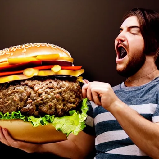 Prompt: a person eating a very very big hamburger that don't even fit in his mouth