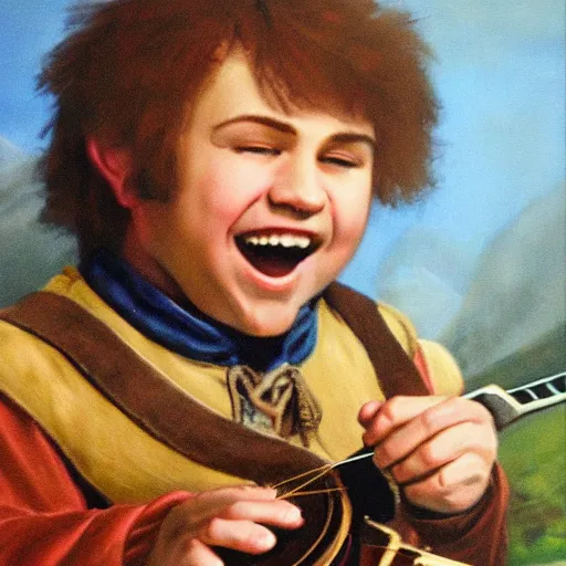 Image similar to portrait of a halfling male, happy, bard, singing, short hair, lute