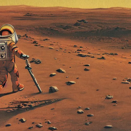 Image similar to astronaut walking on Mars with a rover in the background, Vintage Magazine Illustration