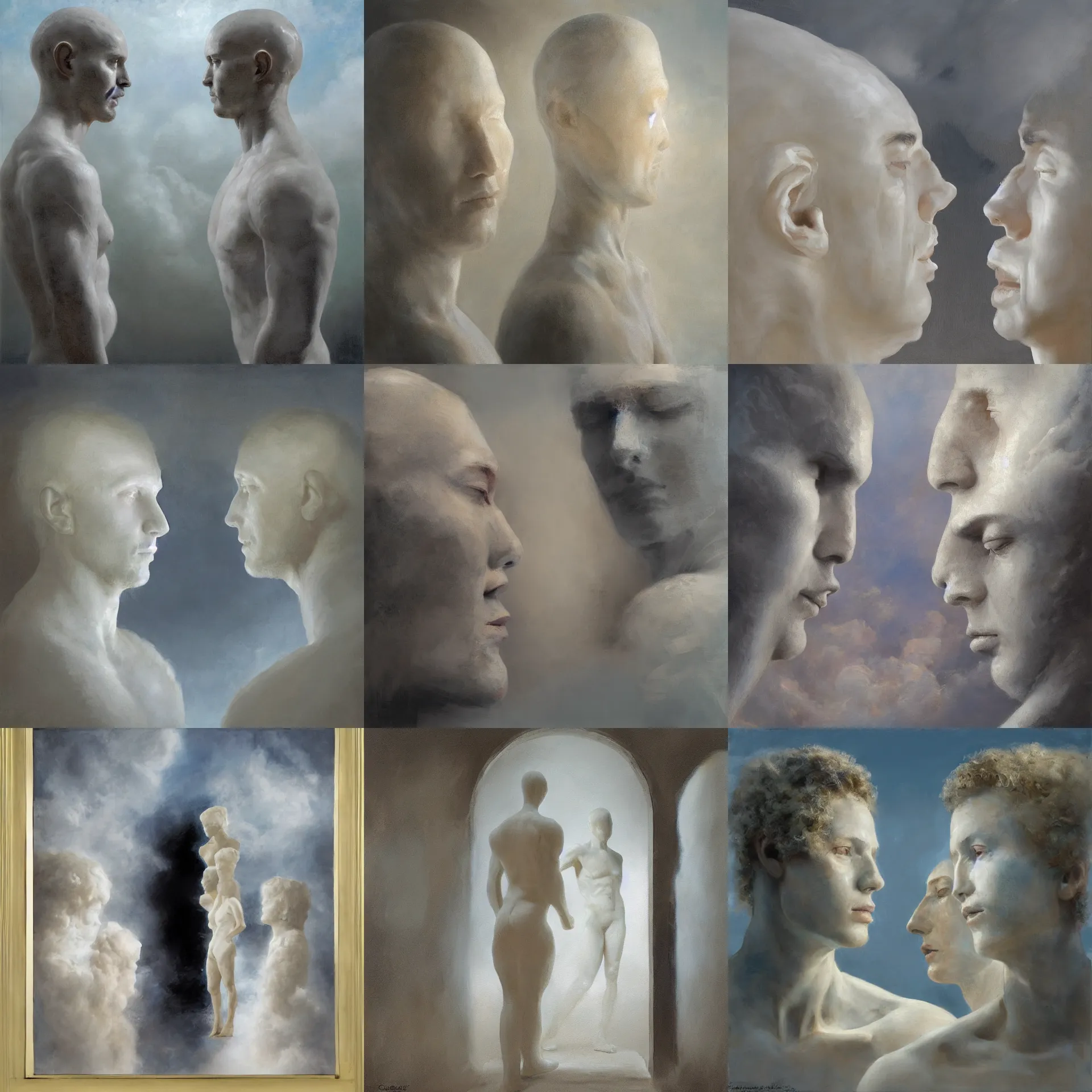 Prompt: painting of two humans made of marble looking each other, a luminous open door surrounded by fluffy clouds in the background painted by craig mullins, symmetrical face, defined facial features, symmetrical facial features, dramatic lighting
