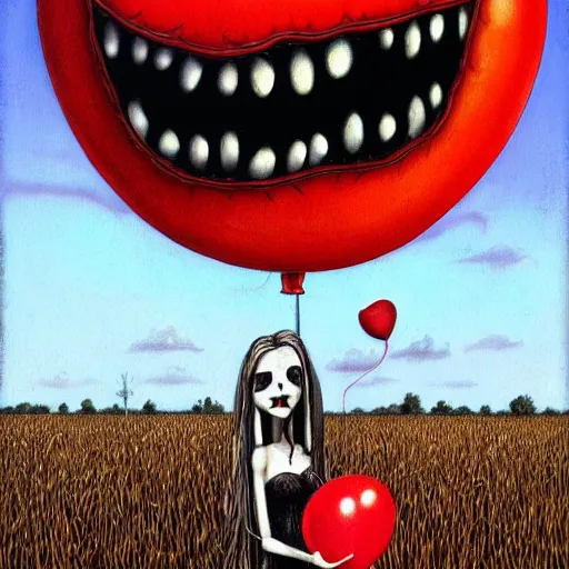 Prompt: grunge painting of a cornfield with a wide smile and a red balloon by chris leib, loony toons style, pennywise style, corpse bride style, horror theme, detailed, elegant, intricate, conceptual, volumetric light