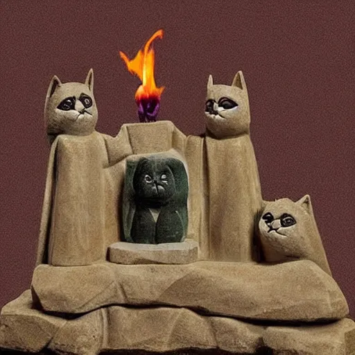 Image similar to figures in cloaks sit in front of a jade sacrificial altar behind which is a huge stone carving of their diety grumpy cat which glistens among the torches and moonlight, a gold cloaked figure preaches from a leatherbound book of memes as the moon begins to eclipse for their dark ritual