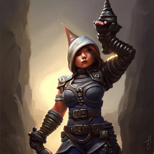 Image similar to muscular female gnome engineer artificer, iron gauntlets, short black hair, naval landscape, full body portrait, d & d, fantasy, intricate, elegant, highly detailed, digital painting, artstation, centred, rule of thirds, concept art, matte, sharp focus, illustration, cover by artgerm, art by greg rutkowski