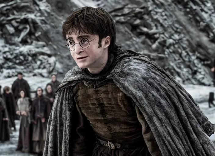 Prompt: harry potter in game of thrones, live action film, cinematic photo, clear hd image
