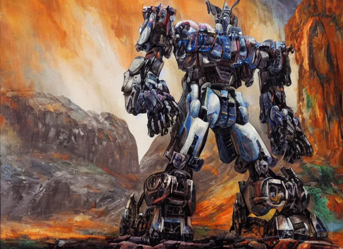 Prompt: A giant mecha robot in a cave, oil on canvas