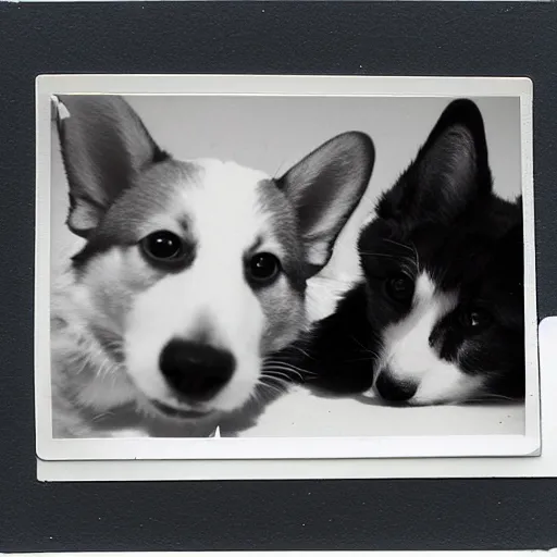 Prompt: Corgi and cat fixing the website, polaroid