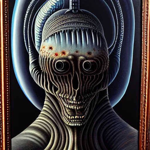 Image similar to peer into the depths of the endless cosmic void. behold your fears. hr giger, oil on canvas